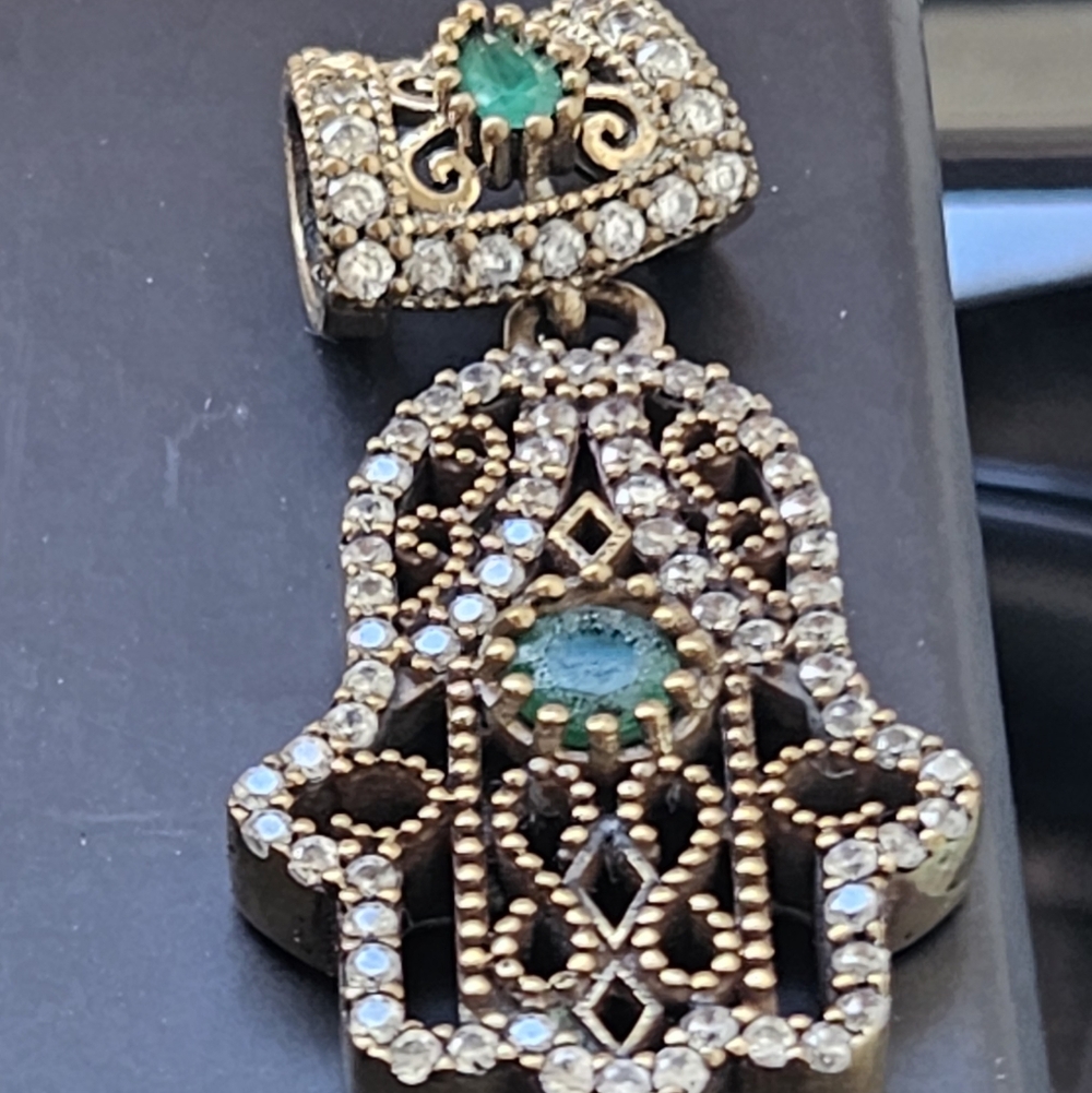 Gold and Green Hamsa Pendant Necklace Vintage Sterling